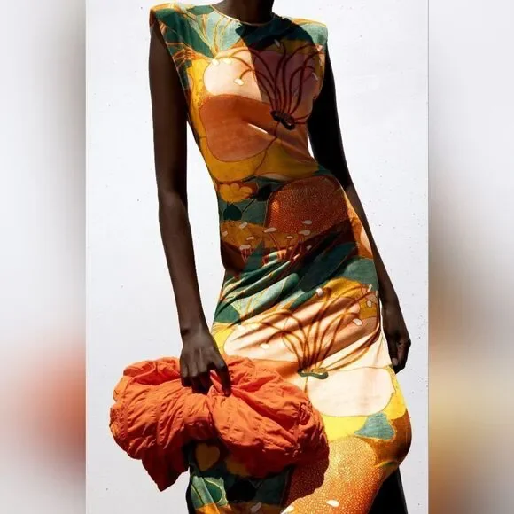 Zara Colorful Retro Floral Maxi Dress, Multicolored Knit Side Cutout Small Size - Picture 3 of 12